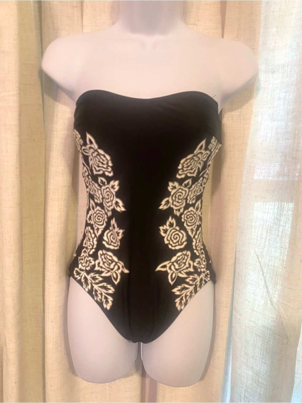VTG 80s Diva Studio Israel Strapless Swimsuit 10 Black White Floral Whimsigoth